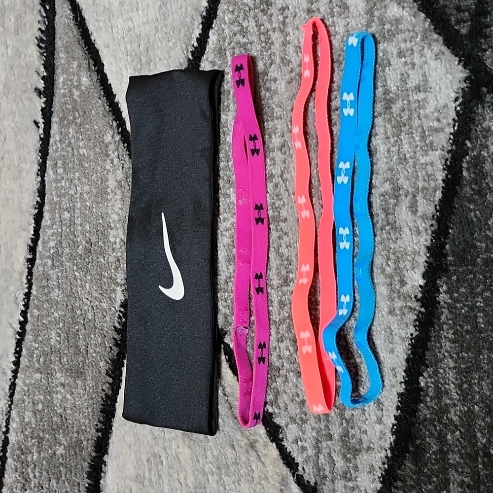 BLACK NIKE SWOOSH & UNDER ARMOUR LOGO SILICONE GRIPS HEADBANDS SWEATBAND BUNDLE